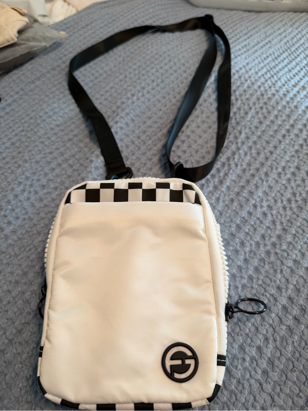 White Checker Accent Crossbody Bag with Black Strap